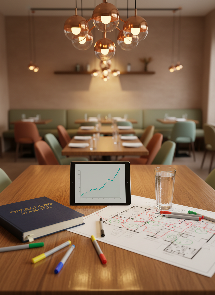 A polished wooden restaurant table set up as a strategic planning station, with a tablet displaying a non-readable sales growth chart, a bound operations manual, and a detailed floor plan of a dining room using colored markers to indicate traffic patterns and table turns. In the softly blurred background, a contemporary Santa Fe dining space shows adobe-textured walls, modern upholstered seating, and well-spaced tables. Warm pendant lighting above the table casts a focused golden pool of light, creating subtle reflections on a glass of sparkling water nearby. Shot at eye level with shallow depth of field for photographic realism, the scene feels focused, optimistic, and data-driven, symbolizing thoughtful growth planning for restaurant businesses.