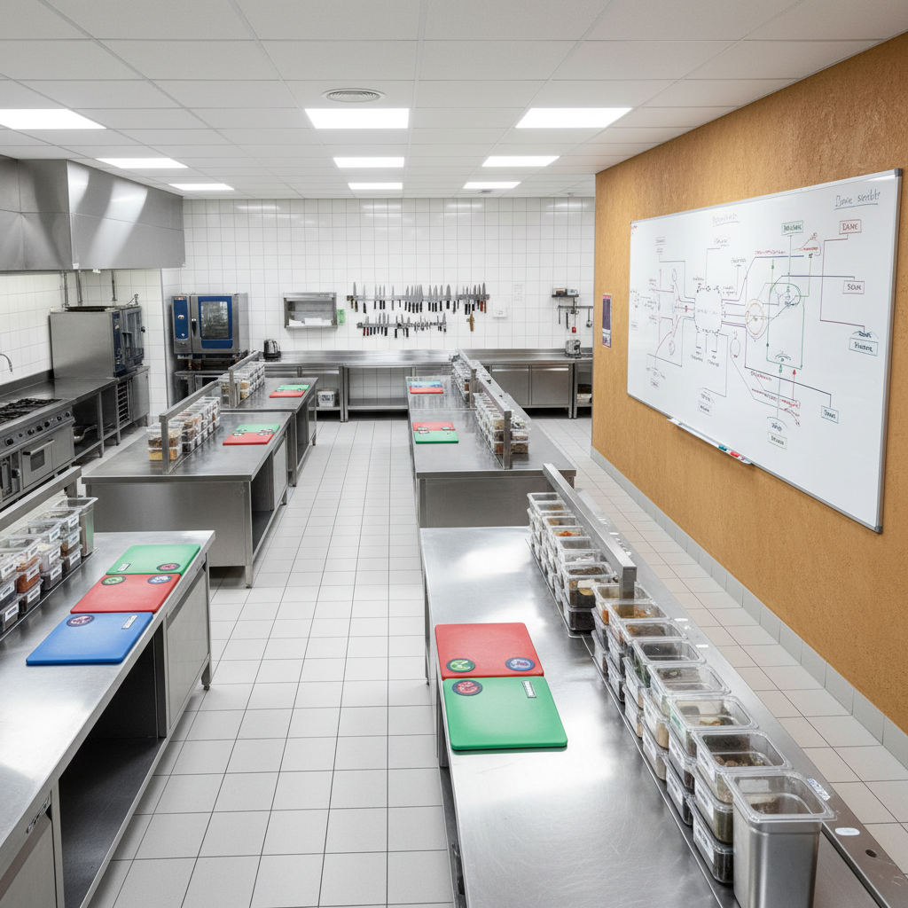 An expansive overhead photographic view of a modern commercial kitchen optimized for efficiency, with stainless-steel prep stations, clearly labeled storage containers, color-coded cutting boards, and neatly arranged cooking tools on magnetic strips. A large whiteboard is mounted on a nearby warm-toned stucco wall, filled with non-readable diagrams and arrows representing workflow improvements. Bright, even LED ceiling lighting creates a clean, clinical clarity, reflecting off metal surfaces without harsh glare. The composition uses strong leading lines from countertops and floor tiles to guide the eye through an efficient production flow. The mood is highly organized, professional, and methodical, representing the outcome of expert restaurant consulting and operational design.